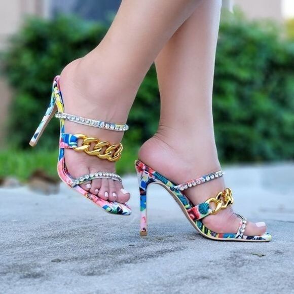 Women's  Strappy Slip On High Heels Sandals Print Color - Picture 3 of 5